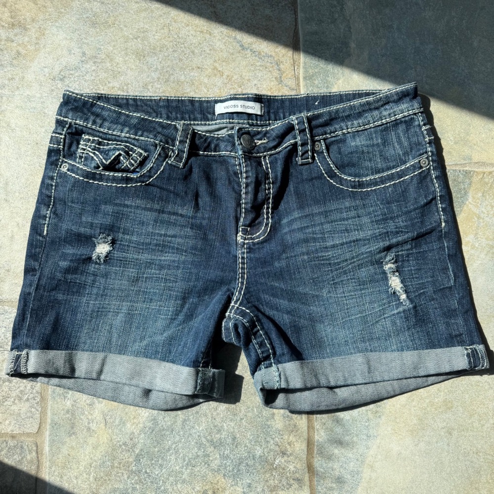 Y2K Vigoss Dark Wash Western Distressed Stretch Shorts Size 32